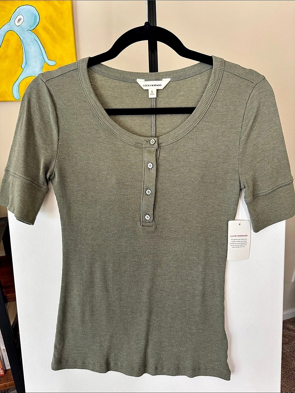 Lucky Brand Ribbed Henley Tee Short Sleeve Green Small